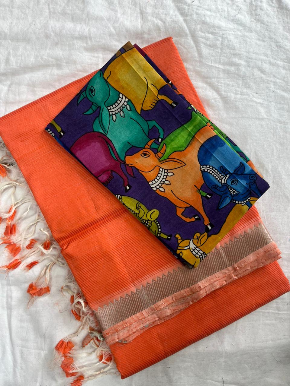 Peach Handloom Mangalagiri Pattu  with a Pen Kalamkari Blouse  Cotton Saree